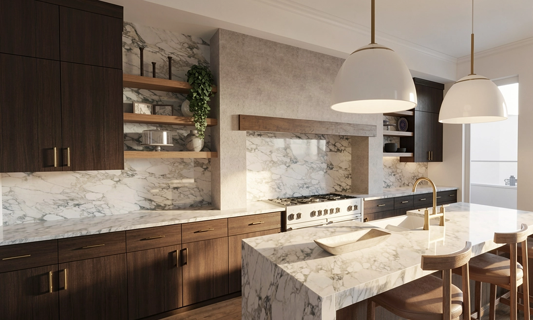 Custom kitchen design with island rendered in DesignFiles